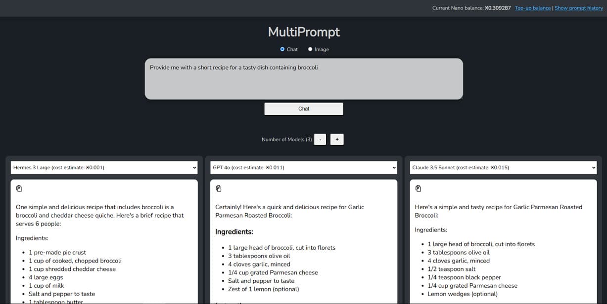 NanoGPT product interface showing multiple AI model options
