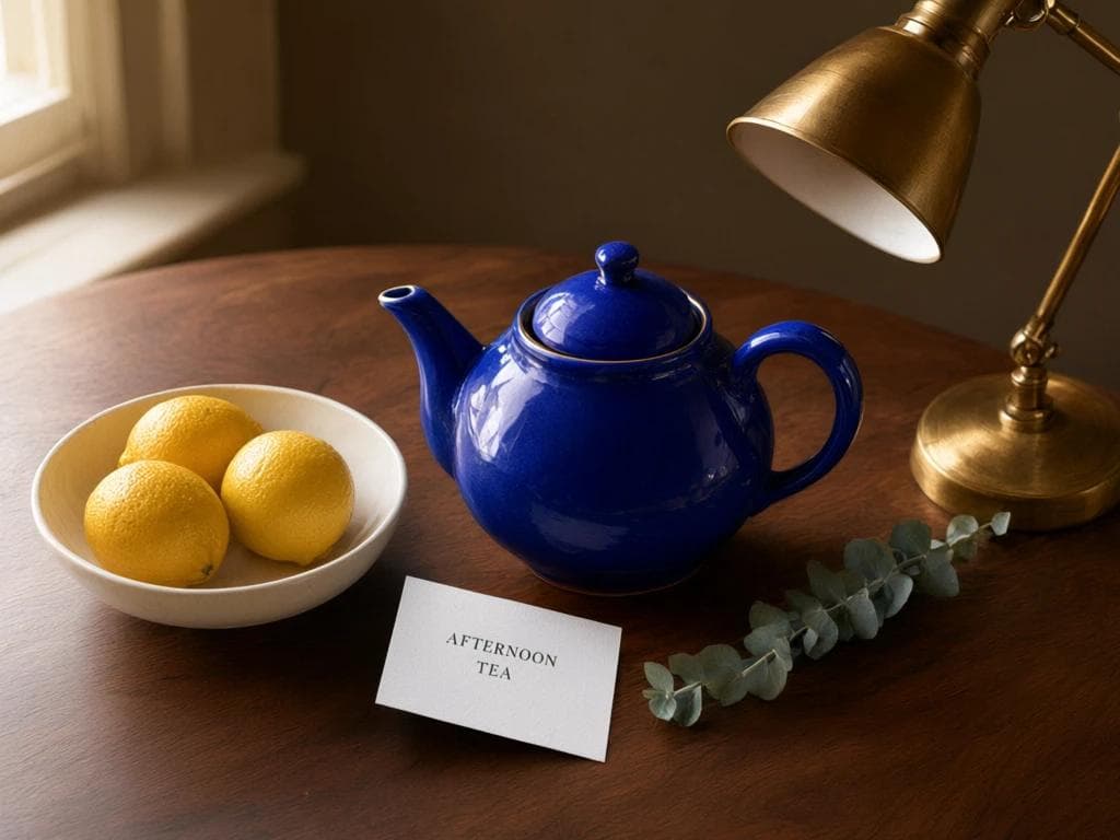 Edited still life with blue teapot and white bowl containing four lemons, generated by Qwen Image 3