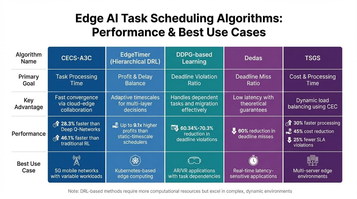 Comparison of Edge AI Task Scheduling Algorithms: Performance Metrics and Use Cases
