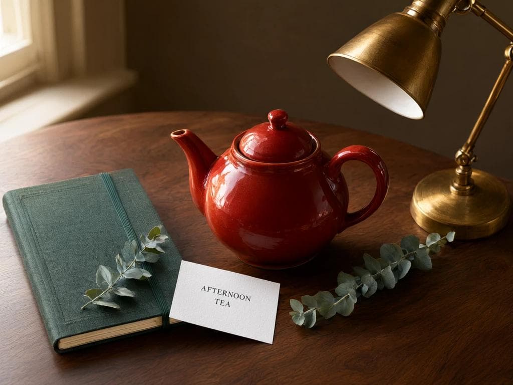 Still life with red teapot, green notebook, lamp, and printed card generated by Qwen Image 3