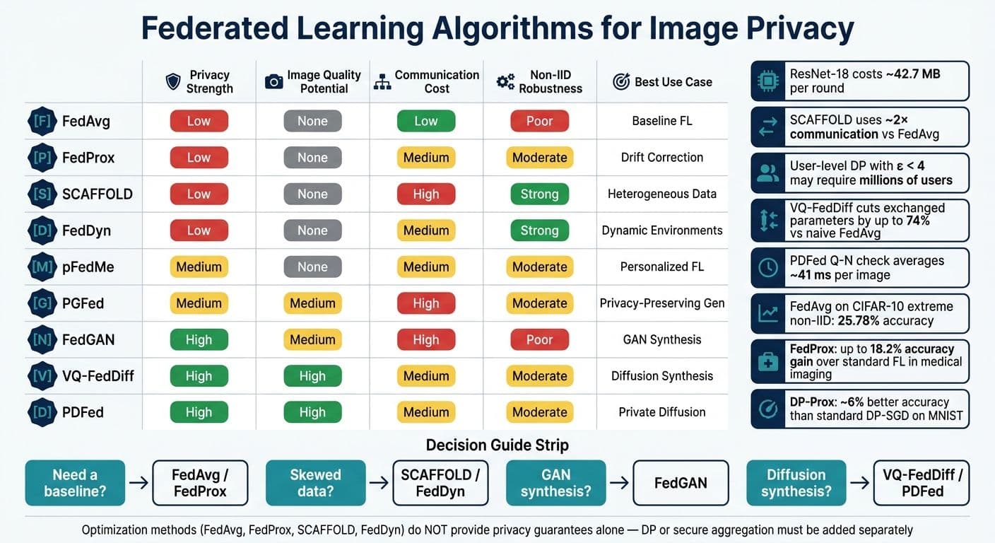 Federated Learning Algorithms for Image Privacy: Side-by-Side Comparison