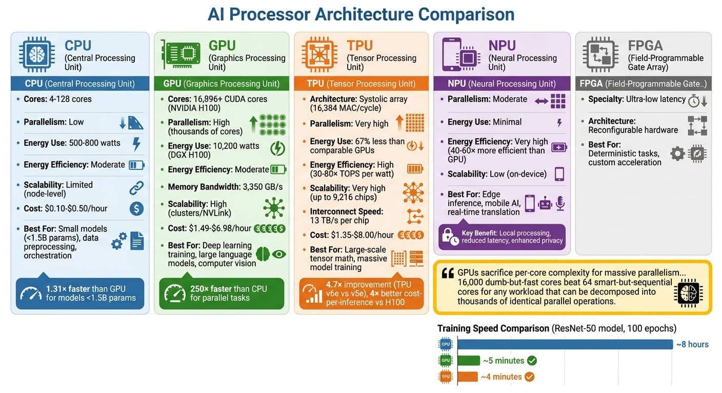 AI Processor Types Comparison: CPU vs GPU vs TPU vs NPU Performance and Use Cases