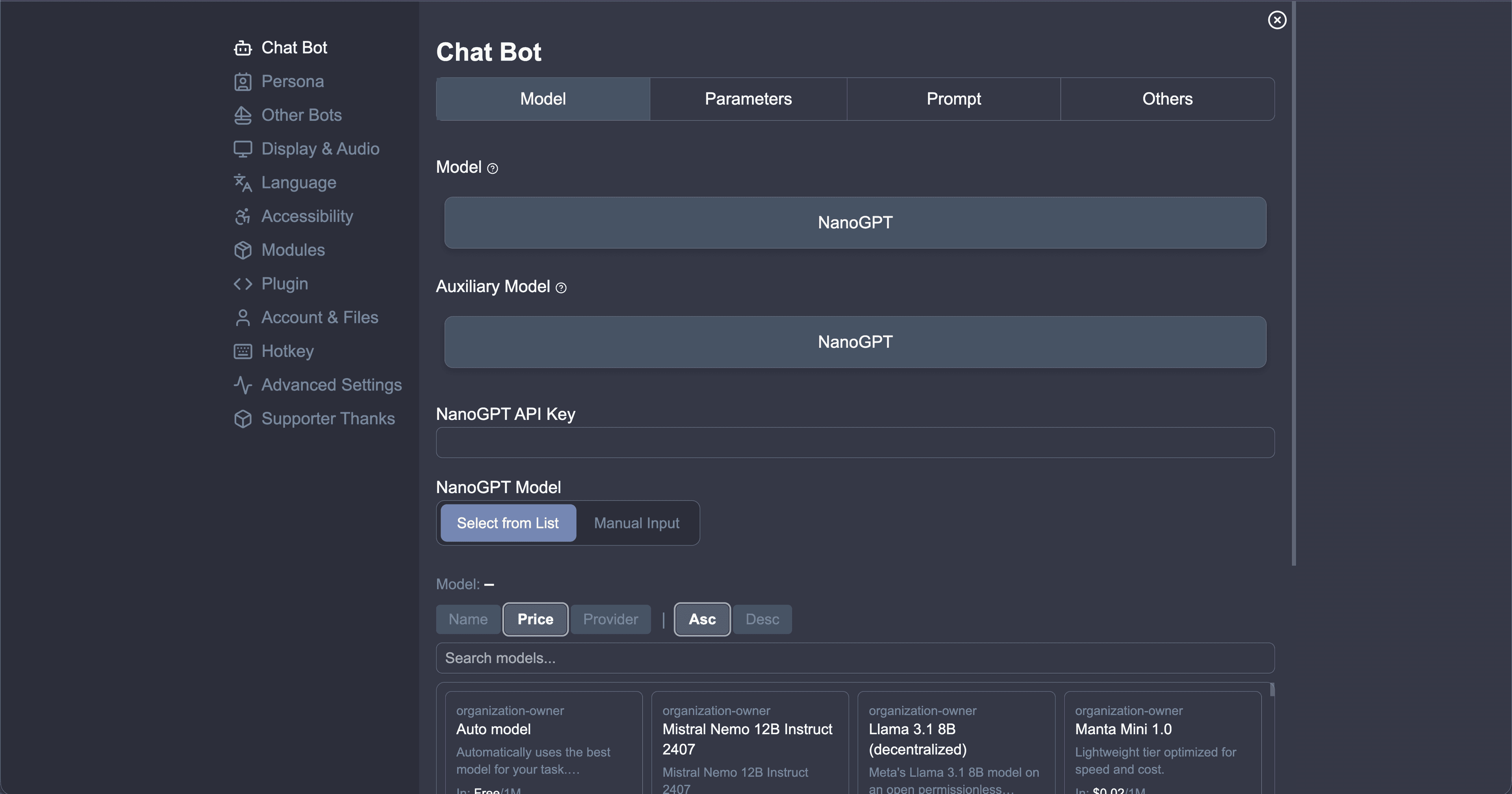 Open the Chat Bot settings panel