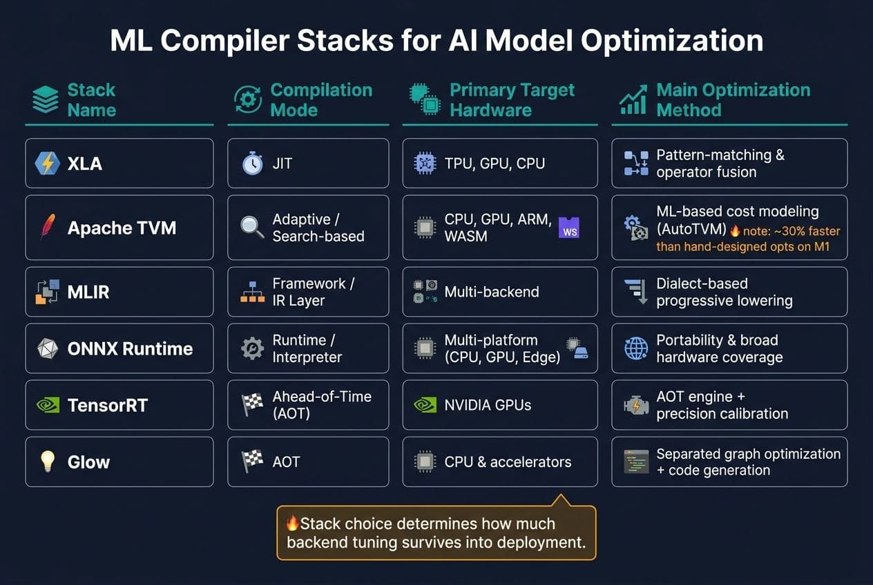 ML Compiler Stacks Compared: XLA vs TVM vs MLIR vs ONNX Runtime vs TensorRT vs Glow