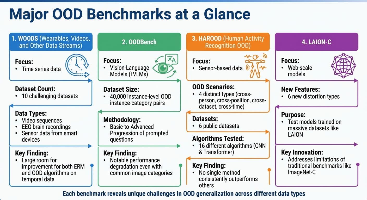 Major OOD Benchmarks Comparison: WOODS, OODBench, HAROOD, and LAION-C