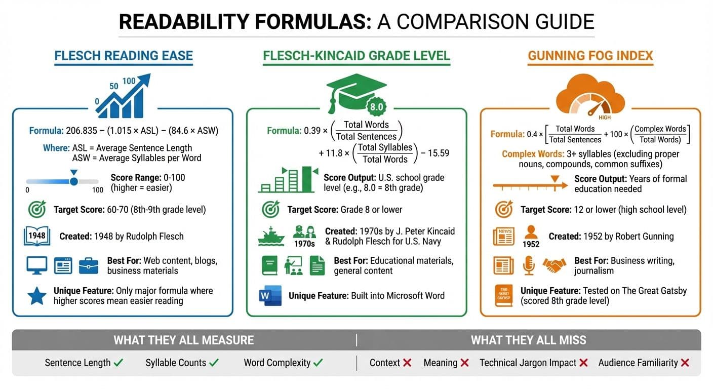 Comparison of Major Readability Formulas: Flesch Reading Ease, Flesch-Kincaid, and Gunning Fog Index