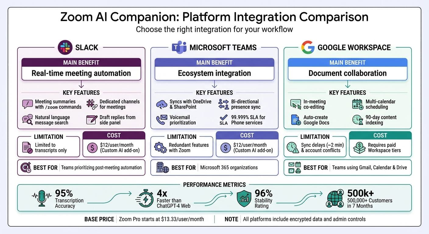 Zoom AI Companion Platform Integration Comparison: Slack vs Microsoft Teams vs Google Workspace