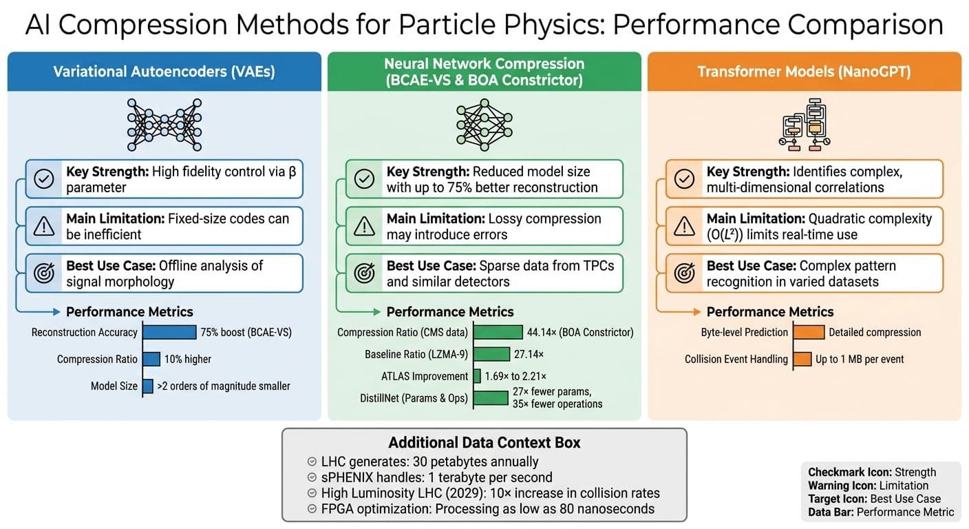 AI Data Compression Methods in Particle Physics: Performance Comparison