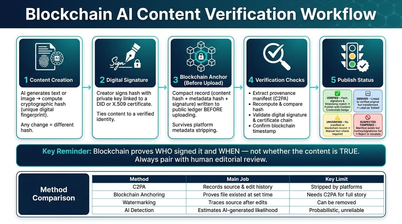 Blockchain AI Content Verification Workflow: Hash, Sign, Anchor & Verify