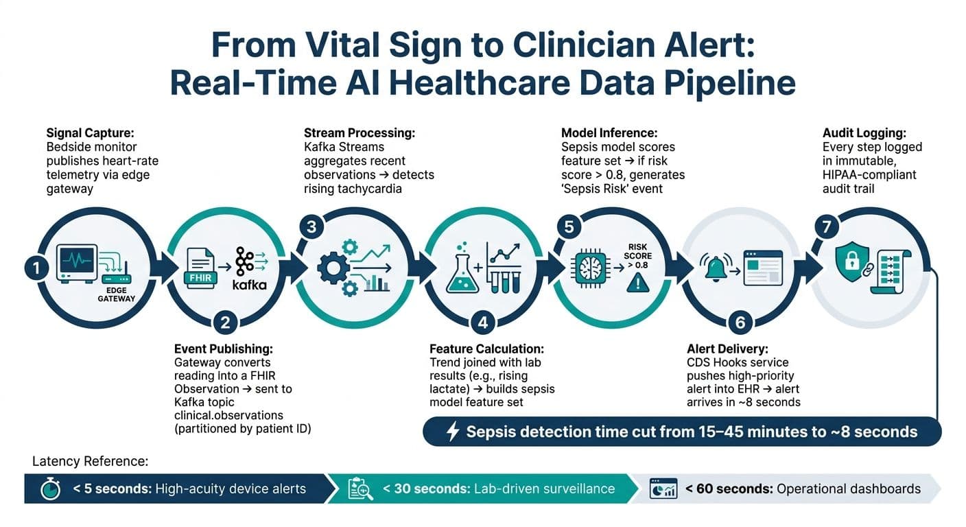 From Vital Sign to Clinician Alert: Real-Time AI Healthcare Data Pipeline