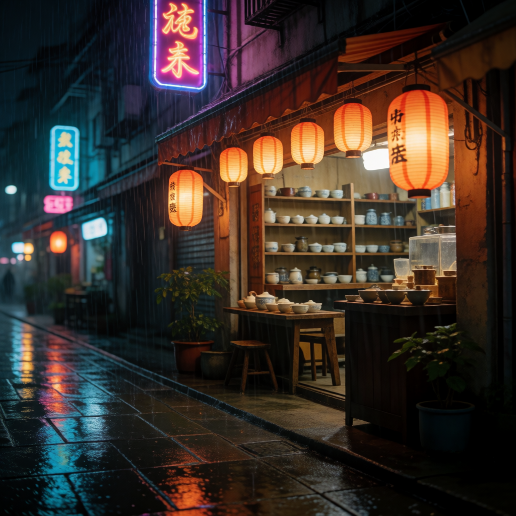 Cozy rainy tea shop generated with Krea 2 Turbo